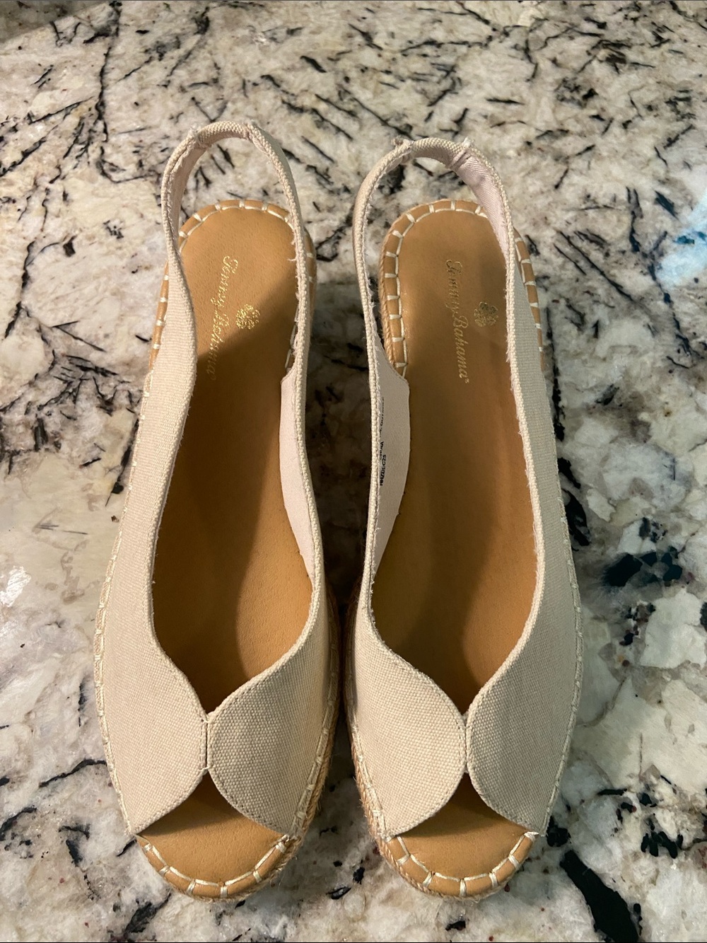 Tommy Bahama Neutral Canvas Peep Toe Espadrille Slingbacks